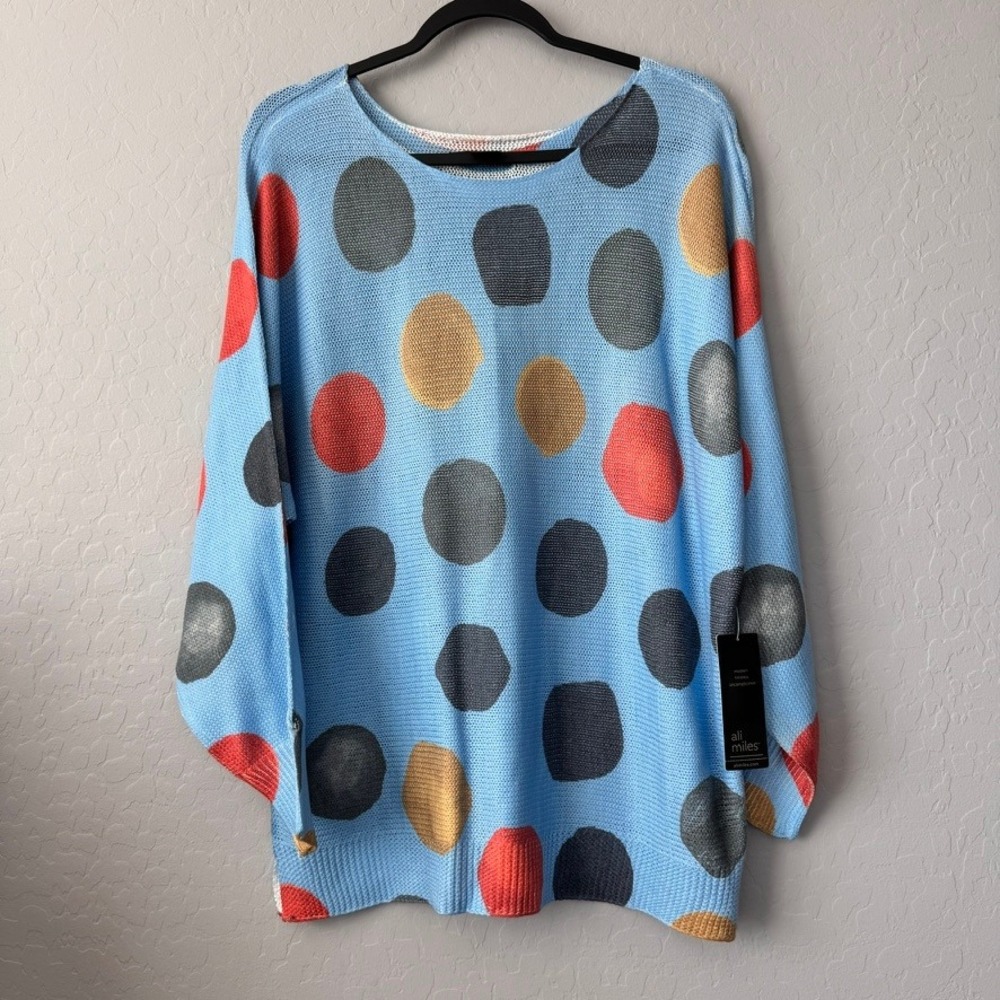NWT Ali Miles Large Knit Sweater Blue Polka Dot Long Sleeve Oversized Scoop Neck
